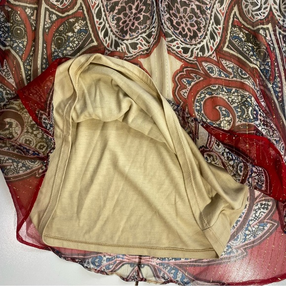Hale Bob 100% Silk Red Paisley Print Metallic Gold Stripped Jeweled Blouse XS - Picture 9 of 16